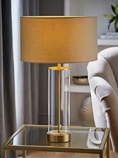 Balan Matte Gold and Clear Table Lamp with Mink Shade