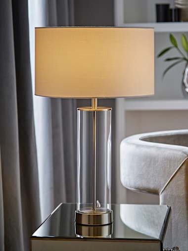 Balan Brushed Chrome and Clear Table Lamp with White Shade