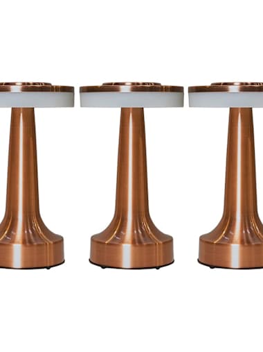 Talence Trio of Outdoor Rechargeable Copper Touch Table Lamps