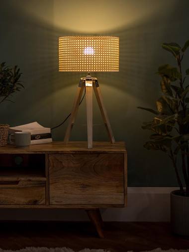 Clipper Light Wood Tripod Table Lamp with Large Wicker Effect Shade