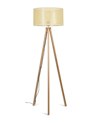 Barbro Light Wood Tripod Floor Lamp with Large Wicker Shade