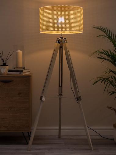 Clipper Light Wood Tripod Floor Lamp with XL Wicker Effect Shade