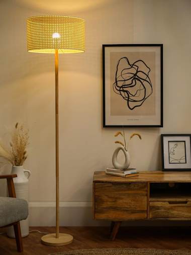 Heather Light Wood Floor Lamp with XL Wicker Effect Shade
