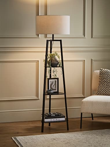 Matte Black Tripod Floor Lamp with Large Grey Shade