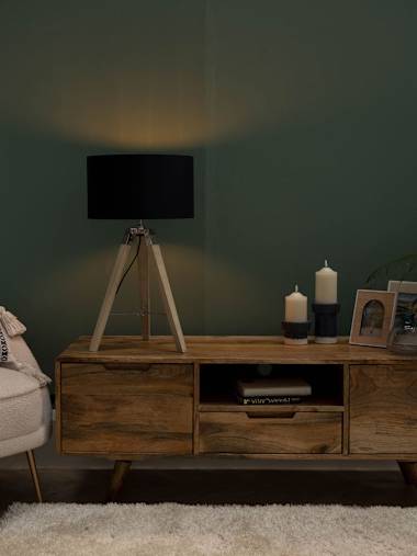 Clipper Light Wood Tripod Table Lamp with Medium Navy Shade