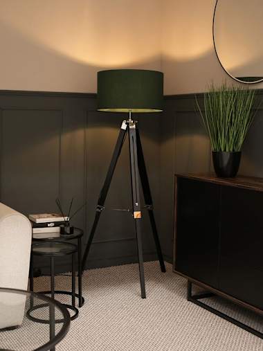 Black Wood Tripod Floor Lamp with Large Forest Green Shade
