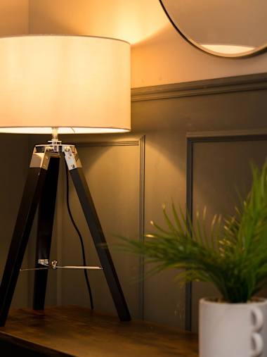 Clipper Black Wood Tripod Table Lamp with Medium White Shade