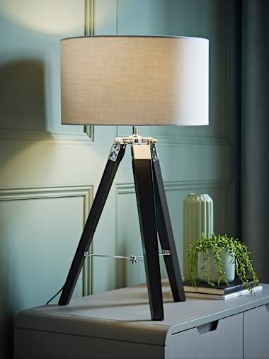 Clipper Black Wood Tripod Table Lamp with Medium Grey Shade