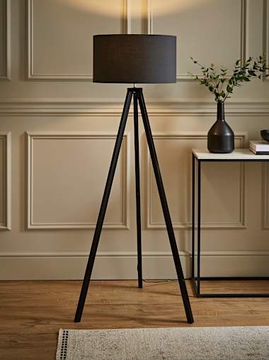 Barbro Black Wood Tripod Floor Lamp with Large Charcoal Shade