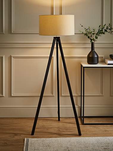 Barbro Black Wood Tripod Floor Lamp with Large Natural Shade