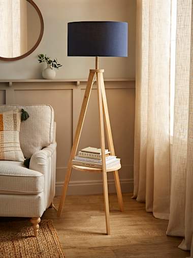 Light Wood Tripod Floor Lamp with Large Navy Shade