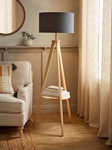 Light Wood Tripod Floor Lamp with Large Charcoal Shade