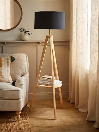 Light Wood Tripod Floor Lamp with Large Black Shade