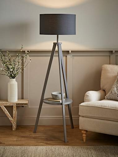 Grey Wood Tripod Floor Lamp with Large Charcoal Shade