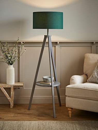 Morrigan Grey Wood Tripod Floor Lamp with Large Forest Green Shade