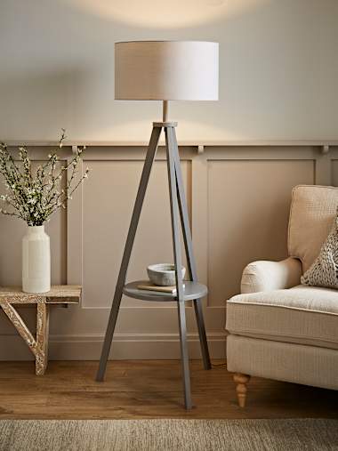 Morrigan Grey Wood Tripod Floor Lamp with Large Grey Shade