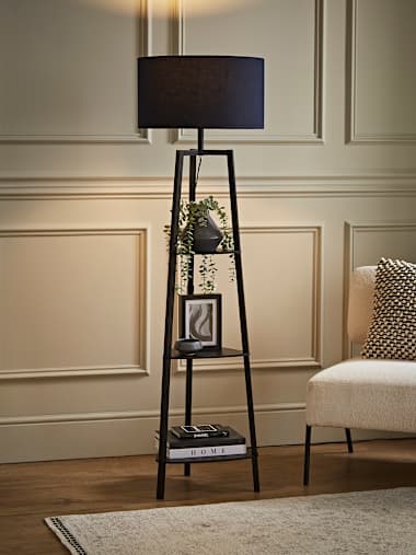 Matte Black Tripod Floor Lamp with Large Navy Shade