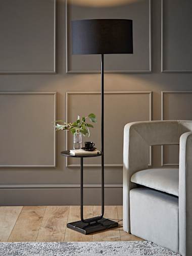Tavel Matte Black Floor Lamp with Table and Large Black Shade