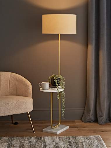 Tavel Brushed Gold Floor Lamp with Table and Large Natural Shade
