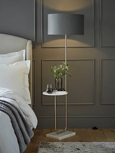 Brushed Chrome Floor Lamp with Table and Large Grey Velvet Shade