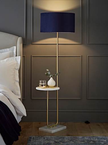 Tavel Brushed Gold Floor Lamp with Table and Large Navy Velvet Shade