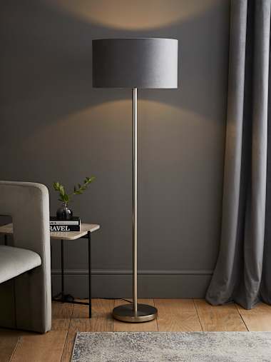 Charlie Chrome Floor Lamp with Large Velvet Shade in Grey