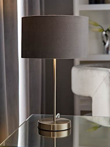 Charlie Brushed Chrome Table Lamp with Small Velvet Shade in Grey