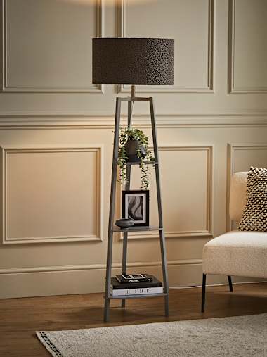 Grey Tripod Floor Lamp with Large Charcoal Boucle Shade
