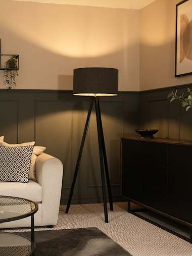 Black Wood Tripod Floor Lamp with Large Charcoal Boucle Shade
