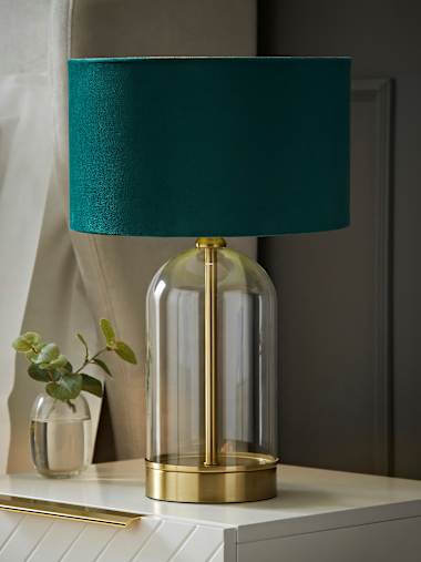Gold and Clear Glass Table Lamp with Forest Green Velvet Shade