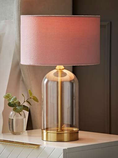 Gold and Clear Glass Table Lamp with Blush Velvet Shade