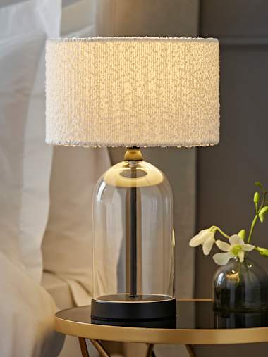 Jessy Black and Clear Glass Table Lamp with Cream Boucle Shade