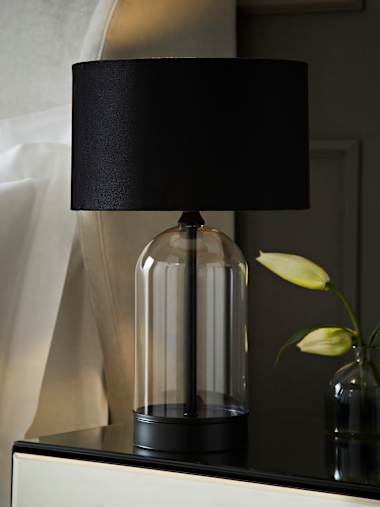 Black and Clear Glass Table Lamp with Black Velvet Shade