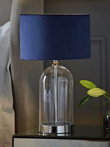 Jessy Silver and Clear Glass Table Lamp with Navy Velvet Shade