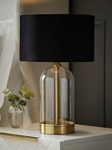 Gold and Clear Glass Table Lamp with Black Velvet Shade