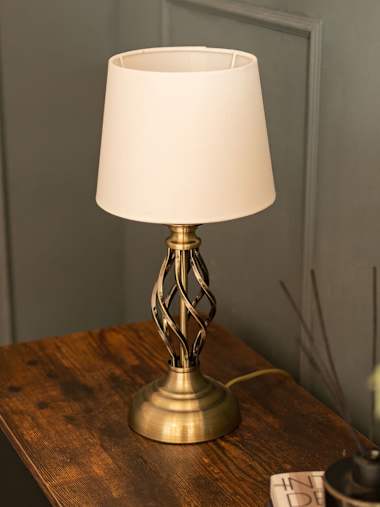 Memphis Pair of Antique Brass Twist Table Lamps with Tapered Shades