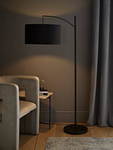 Curved Black Floor Lamp with Medium Black Velvet Shade