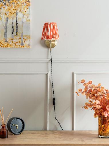 Neely Pair of Antique Brass Plug-in Wall Lights with Orange Gathered Shades