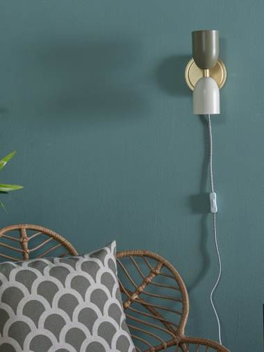 Tate Pair of Up Down Plug-in Wall Lights with Khaki and Cream Shades
