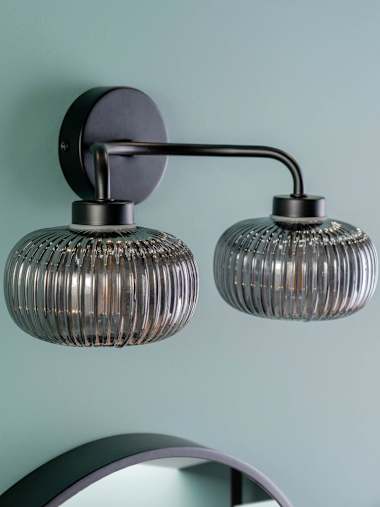 Pair of IP44 Matte Black 2-Way Wall Lights with Smoked Glass Shades
