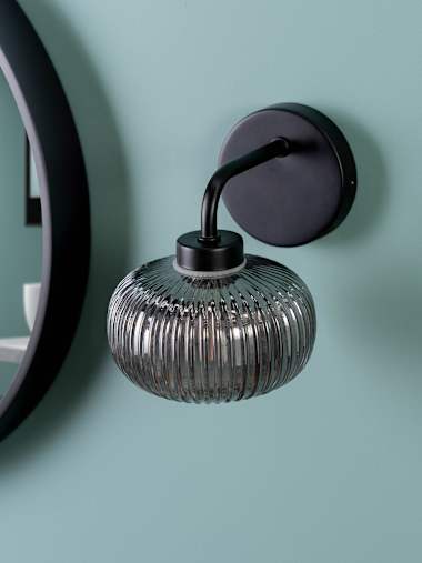 Amaia Pair of IP44 Matte Black Wall Lights with Smoked Glass Shades
