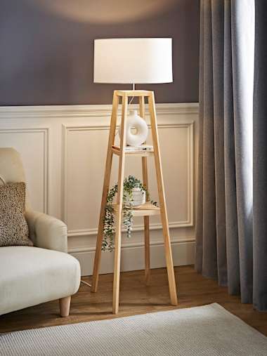 Natural Wood Tripod Floor Lamp Base with White Shade