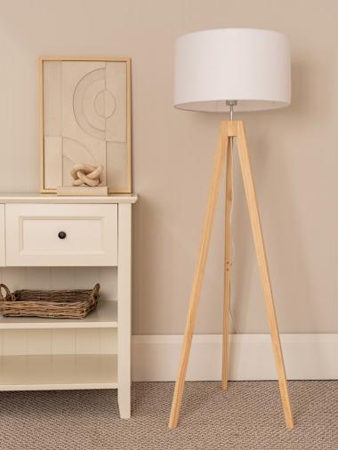 Natural Wood Tripod Floor Lamp with White Shade