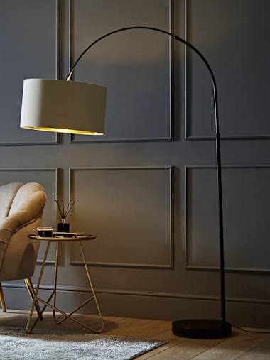 Louis Black Arch Floor Lamp with Beige and Gold Shade