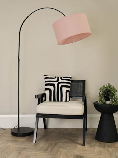 Black Arch Floor Lamp with Blush Shade