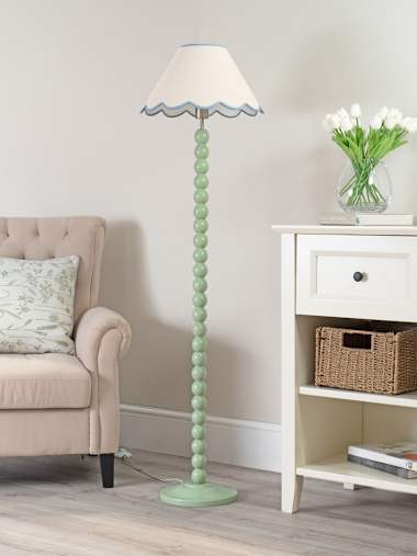 Bobbles Sage Green Bobbin Floor Lamp with Blue Trim Scallop Shade