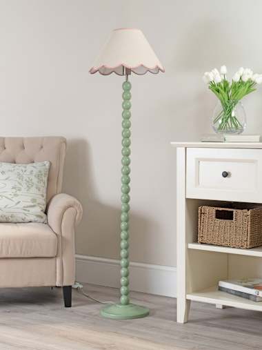Bobbles Sage Green Bobbin Floor Lamp with Pink Trim Scallop Shade