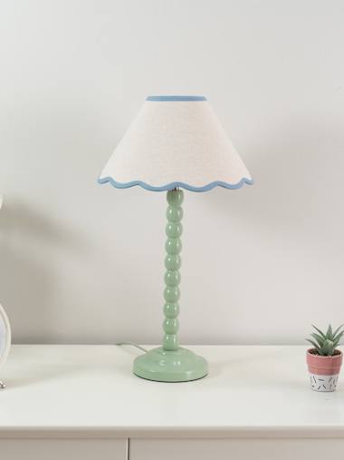 Bobbles Sage Green Bobbin Table Lamp with Blue Trim Scallop Shade