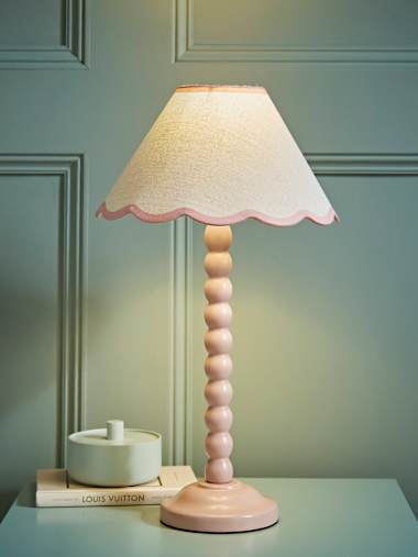 Bobbles Rose Pink Bobbin Table Lamp with Pink Trim Scallop Shade