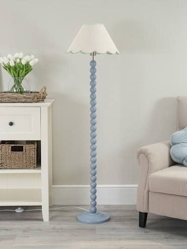 Powder Blue Bobbin Floor Lamp with Green Trim Scallop Shade